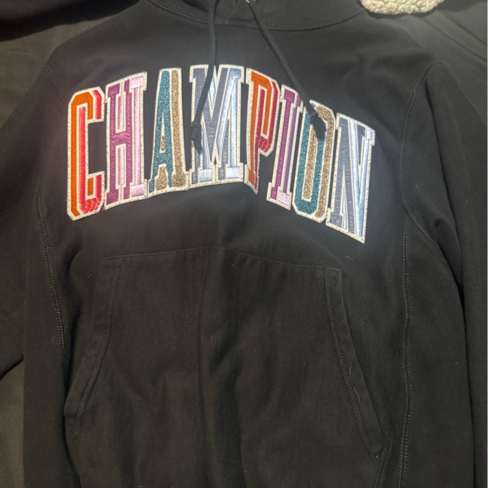 Champion Black Hoodie with Blue Logo